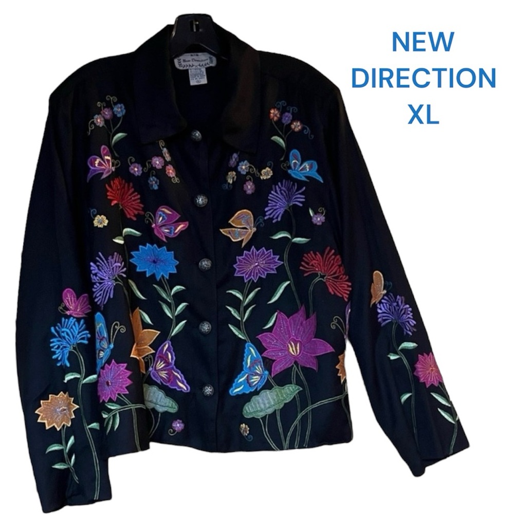 NEW DIRECTION Vintage Embroidered Floral Jacket XL Black Multicolored Size XL